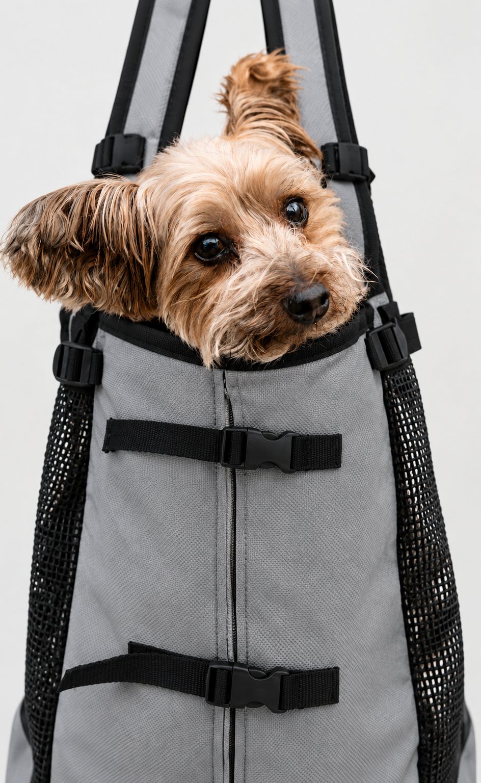 A Yorkshire terrier looking out of a grey carrier