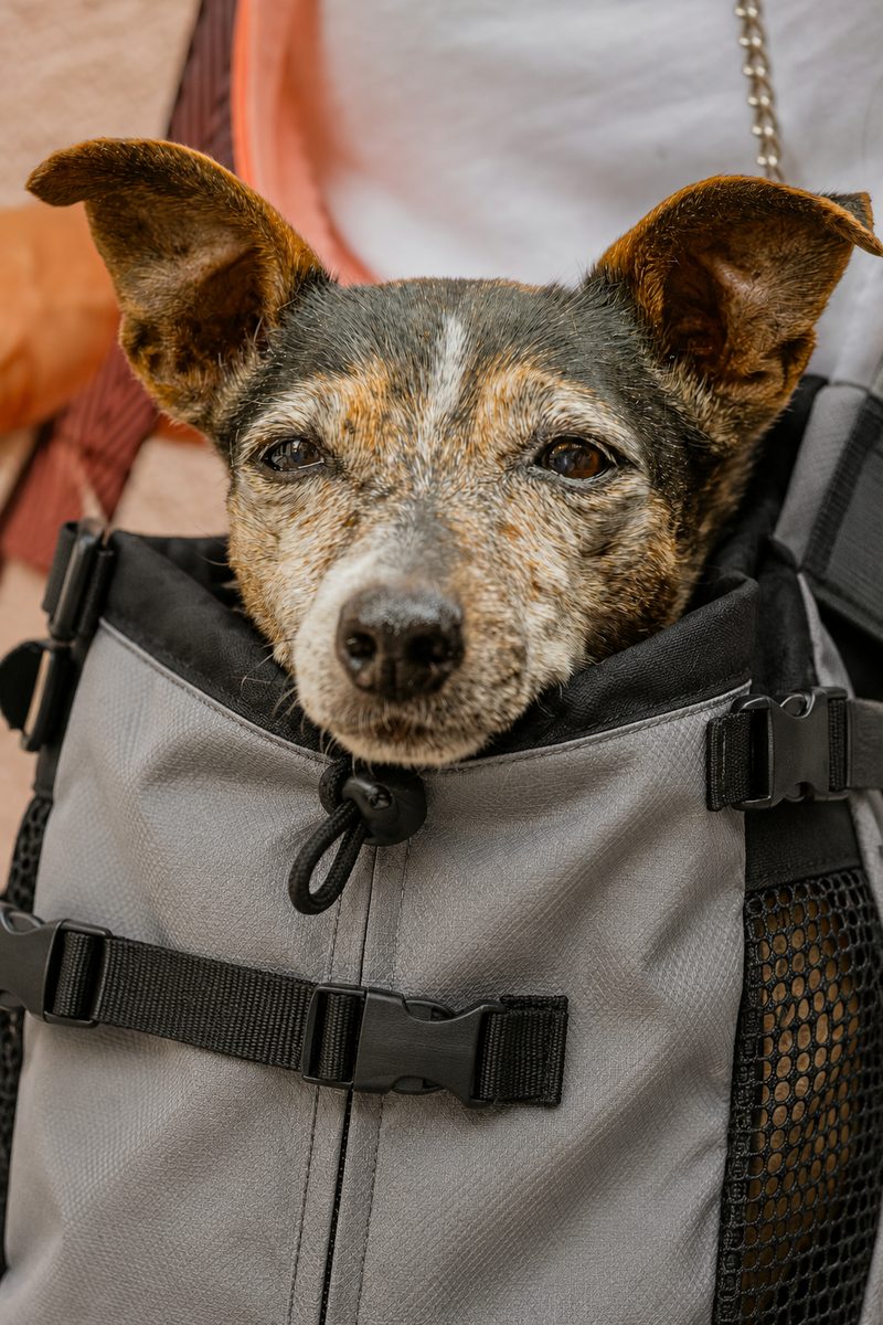 A small brindle dog resting its chin on the top of a grey carrier